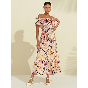 Satin Resort Sweet Ruffle Print Midi Dress