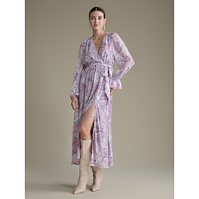 Chiffon Velvet Paisley Ruffle Puff Sleeve Maxi Dress