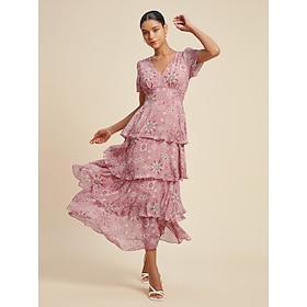 Chiffon Wedding Guest Floral V Neck Short Sleeve Maxi Dress