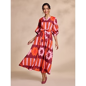 Folk Print Elegant Belted Lantern Sleeve Maxi Dress