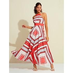 Geometric Halter Neck Tie Back Sleeveless Maxi Dress