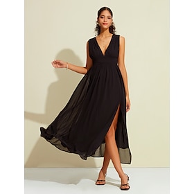 Black Chiffon Wedding Guest Shirred Split Plunging Neck Sleeveless Maxi Dress dress to impress 2024