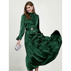 Green Elegant Party/Wedding Guest Ruffle Belted Tied Neck Long Sleeve Maxi Dress dress to impress 2024