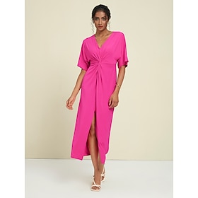 Modal Rose Red Party/Wedding Guest Knot Front Short Sleeve V Neck Party Maxi Dress dress to impress 2024