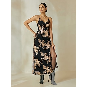 Sequin Elegant Floral Sleeveless Backless Maxi Dress