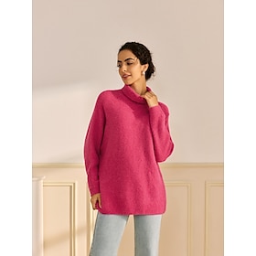 Turtleneck Ribbed Knit Wool Blend Drop Shoulder Batwing Sleeve Pullover Sweater